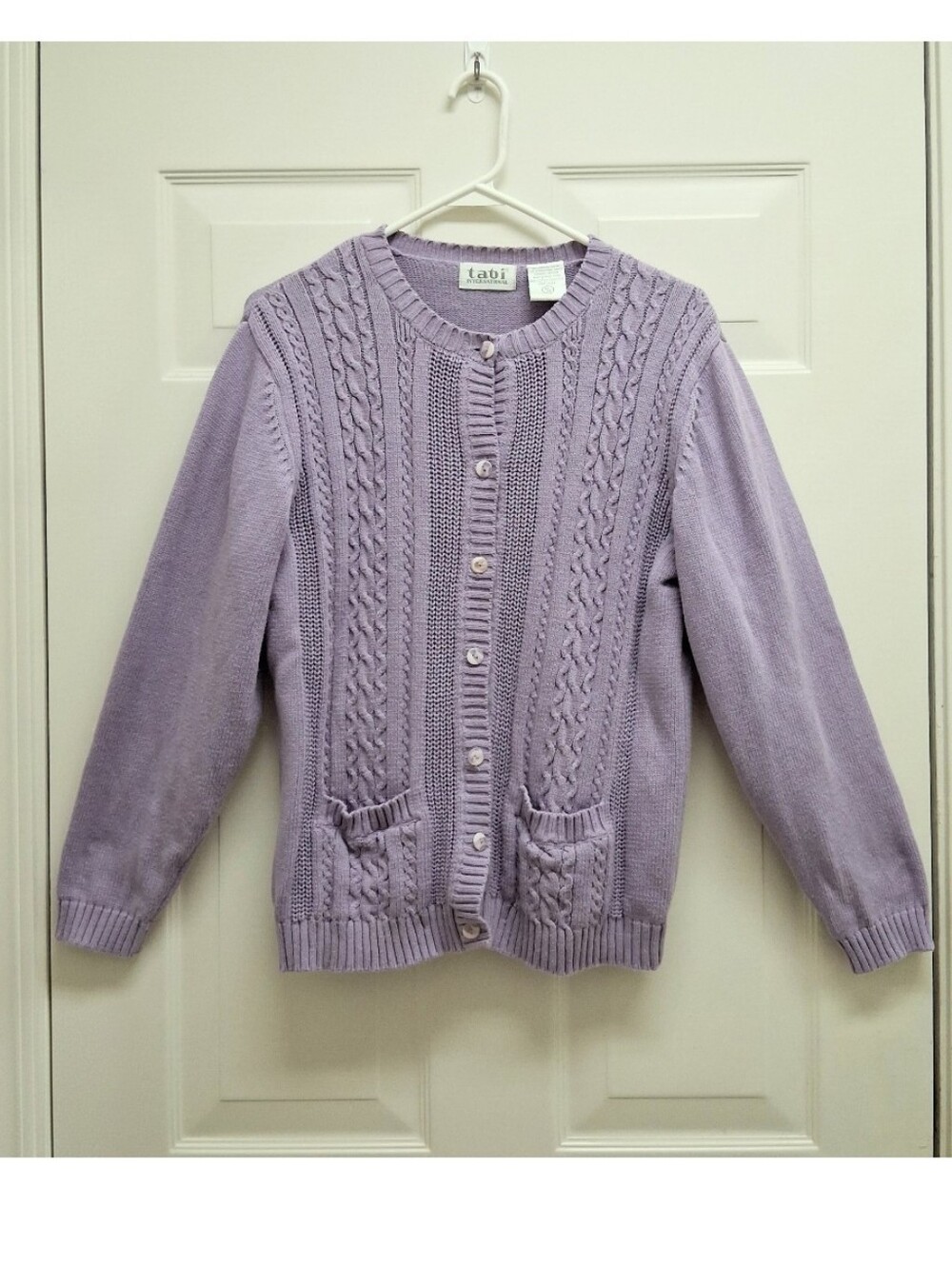 VTG Cable Chunky Knit Cardigan Sweater Medium Purple Pockets Preppy Grandmacore